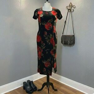 Whimsigoth Velvet Maxi Dress Black Roses Stretchy Size 10 VINTAGE